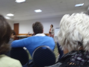 It's blurry but you can get the idea, the lady who is in front of me LOVES asking questions